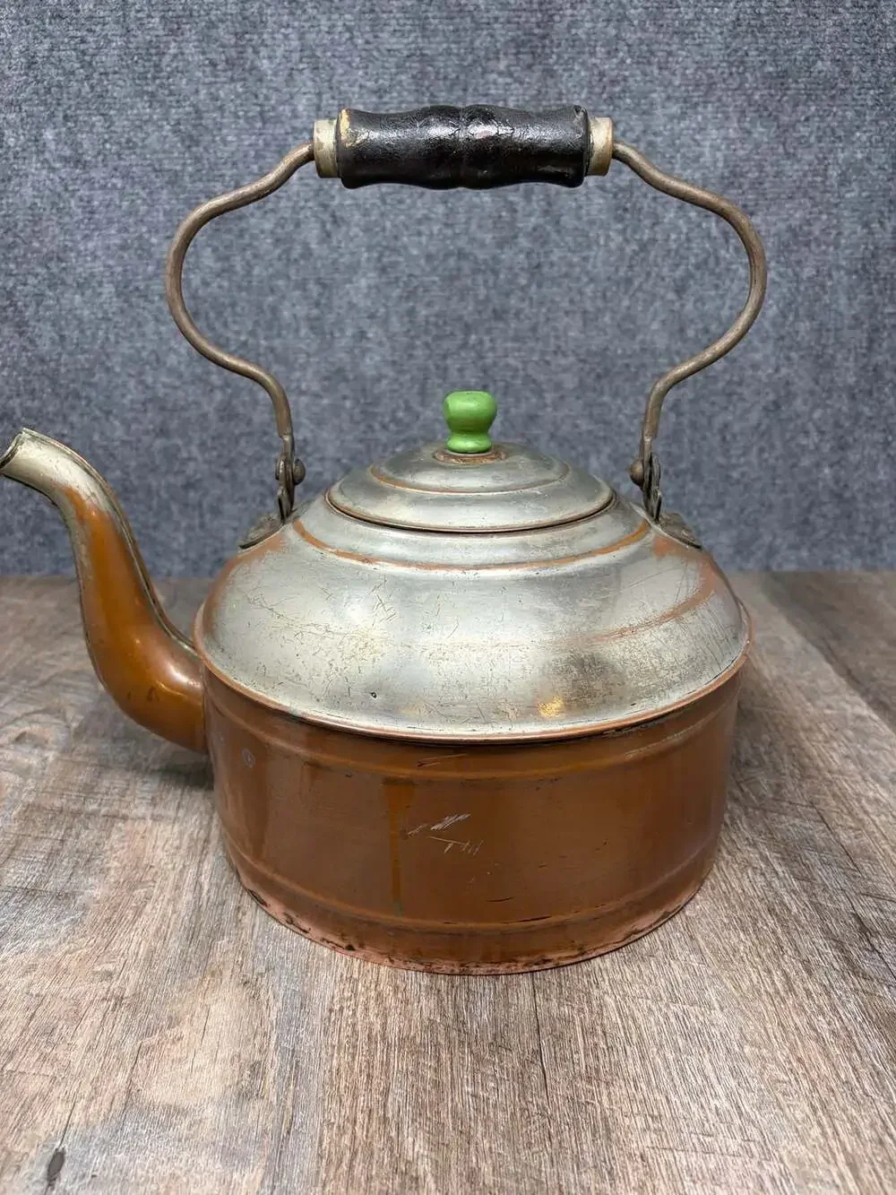 Antique Rome Copper and Nickel Plated Tea Kettle with Green Knob and Wood Handle